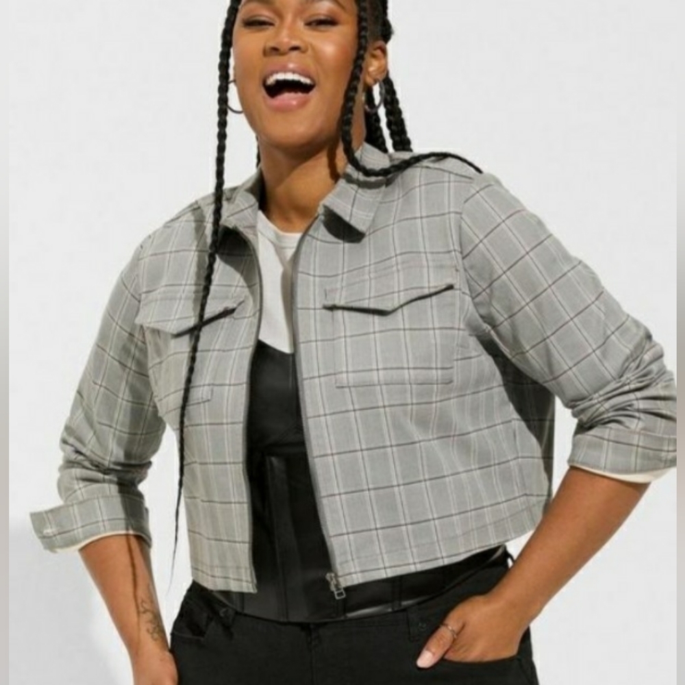 Torrid Super Soft Denim Zip Front Jacket Gray Plaid - Size 3X